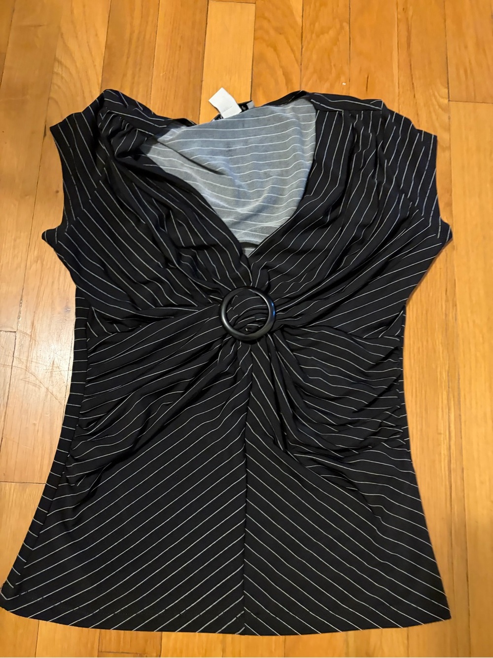 White House Black Market Black Pinstripe Twist-Ring V-Neck Top
